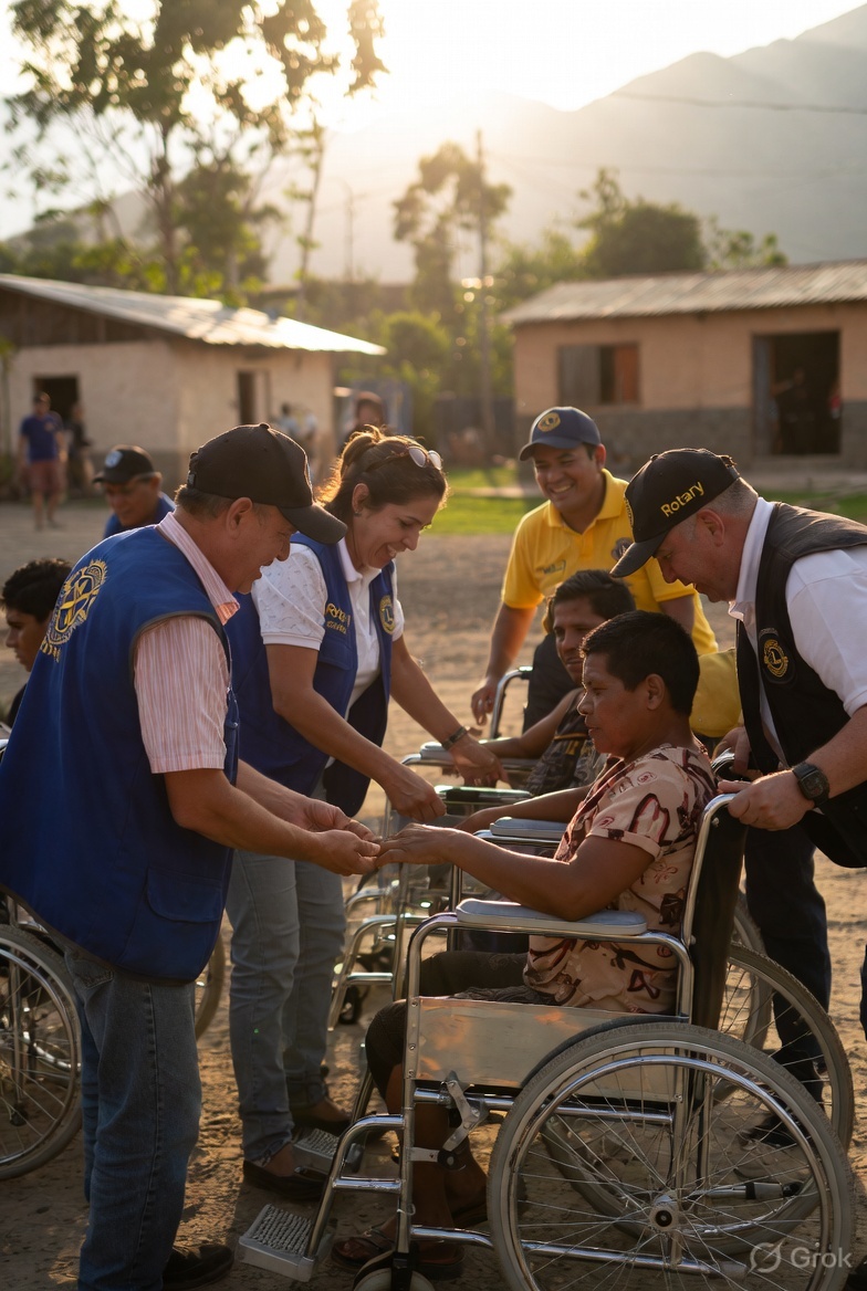 Rotary and Lions volunteers presenting a wheelchair to a young recipient in a rural village