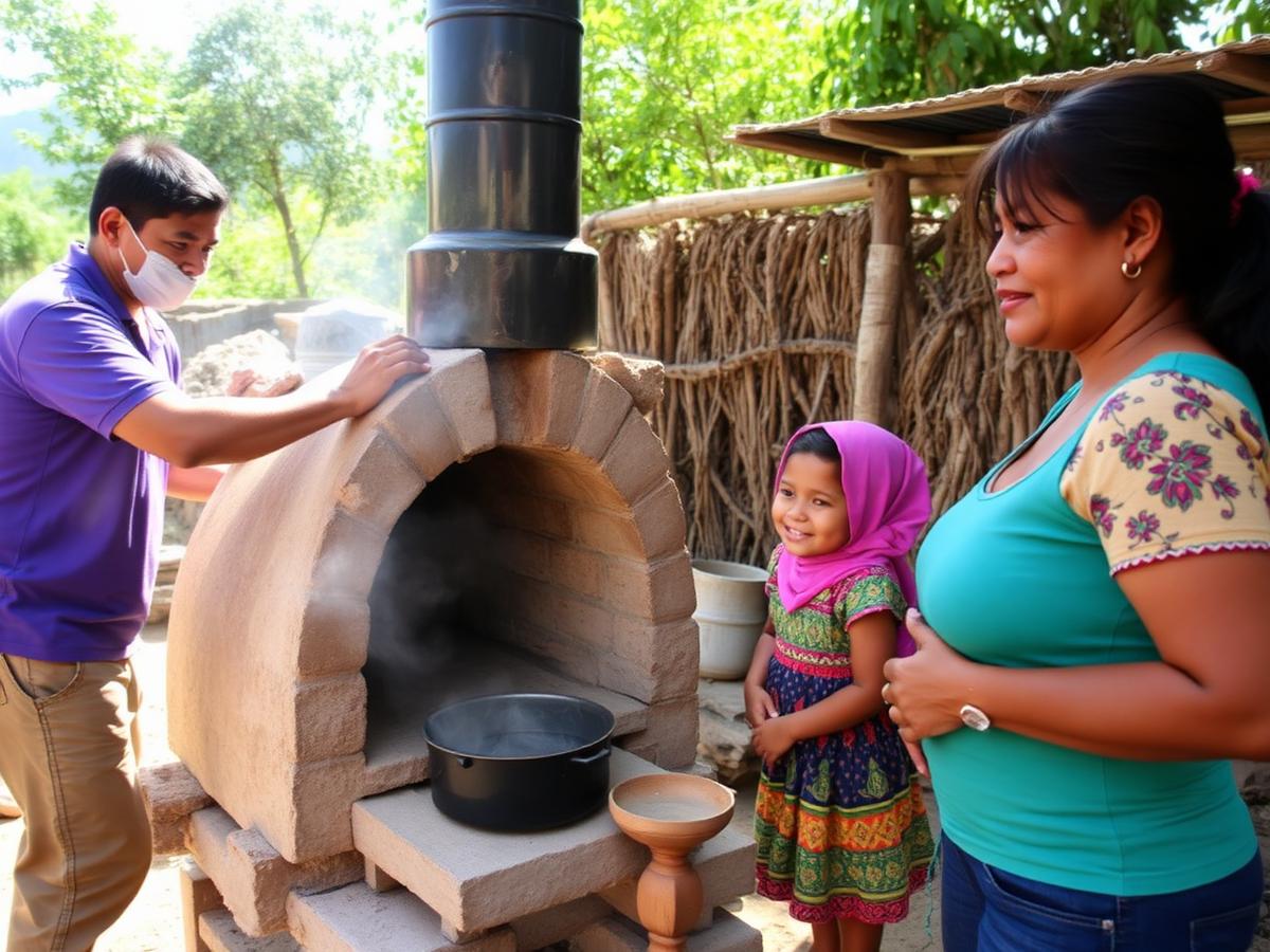 Volunteer building a smoke-free wood-fired oven for a family in Guatemala