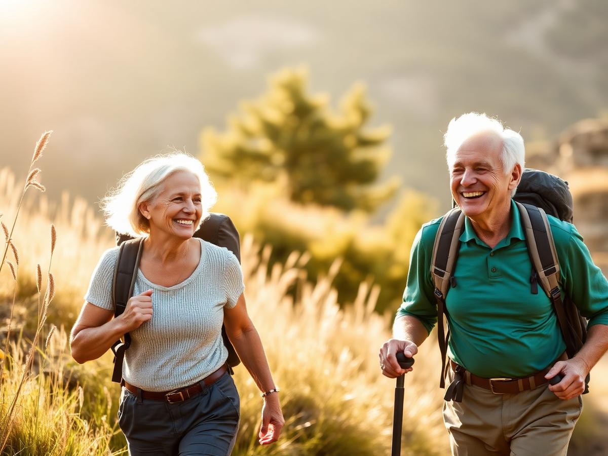 Active senior couple hiking outdoors